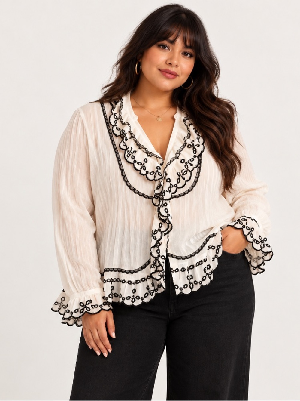 Lane Bryant 18/20 Ivory Black Embroidered Ruffle Romantic Blouse